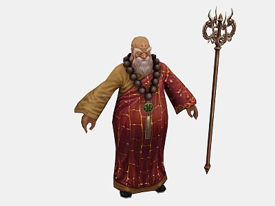 Man In Red Robe With Prayer Beads And Staff 3d model