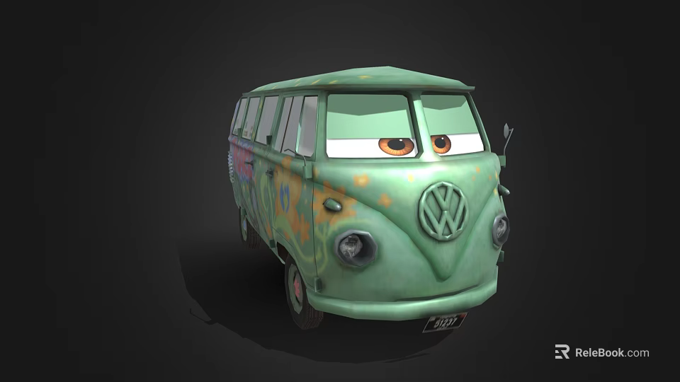 Vintage Green Volkswagen Van With Cartoon Eyes Colorful Patterns And Spots 3d model 