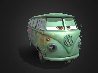 Vintage Green Volkswagen Van With Cartoon Eyes Colorful Patterns And Spots 3d model