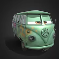Vintage Green Volkswagen Van With Cartoon Eyes Colorful Patterns And Spots