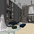 Bridal Shop Interior With White Wedding Dresses Display Brick Wall Chandelier And Sofa