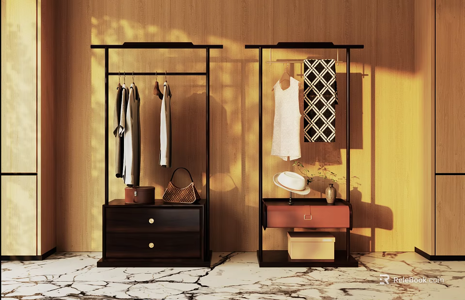 Wooden Clothes Racks With Hanging Clothes Accessories Bags Hats On Marble Floor And Wooden Wall 3d model 
