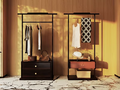 Wooden Clothes Racks With Hanging Clothes Accessories Bags Hats On Marble Floor And Wooden Wall 3d model