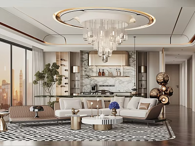 Elegant Modern Living Room With Large Windows Chandelier Sofa Coffee Table Rug And Marble Bar 3d model