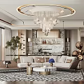 Elegant Modern Living Room With Large Windows Chandelier Sofa Coffee Table Rug And Marble Bar