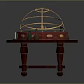 Red Wooden Table With Gold Armillary Sphere Candles And Cards On Top