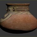 Ancient Ceramic Vessel With Protruding Neck Decorations Orange Beige Body And Black Hand Shaped Patterns