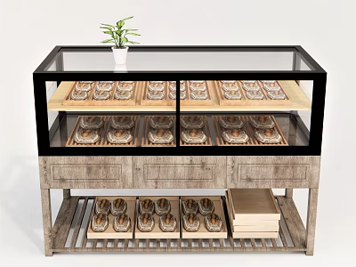 Display Cabinet Shelf With Glass Door Wooden Shelves Displaying Glasses Top Plant And Lower Drawers 3d model