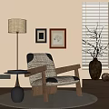 Woven Leisure Chair with Wooden Frame Floor Lamp Side Table and Wall Art in Interior