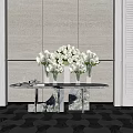 Elegant Console Table with Marble Top Metal Frame and White Flower Bouquets on Geometric Rug