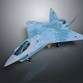 Blue Gray Camouflage Military Fighter Jet With Red Star Emblems Cockpit And Jet Engine