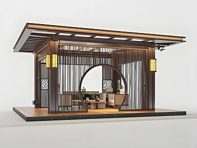 Traditional Chinese Pavilion Architecture With Wooden Structure Circular Doorway Lanterns Tables And Chairs 3d model