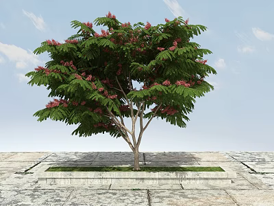 Lush Arbor With Green Leaves Pink Flowers In Stone Planter And Pavement 3d model