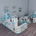 Kids Table With Blue And White Windmill Design Matching Chairs And Storage Shelves