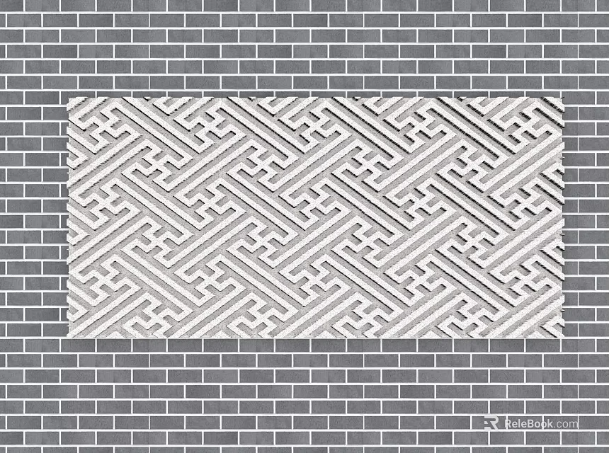 Gray Brick Building Exterior Wall With White Geometric Pattern Decorative Panel Design 3d model 