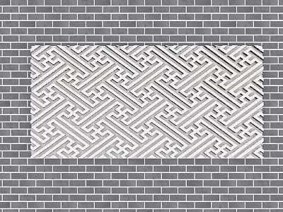 Gray Brick Building Exterior Wall With White Geometric Pattern Decorative Panel Design 3d model