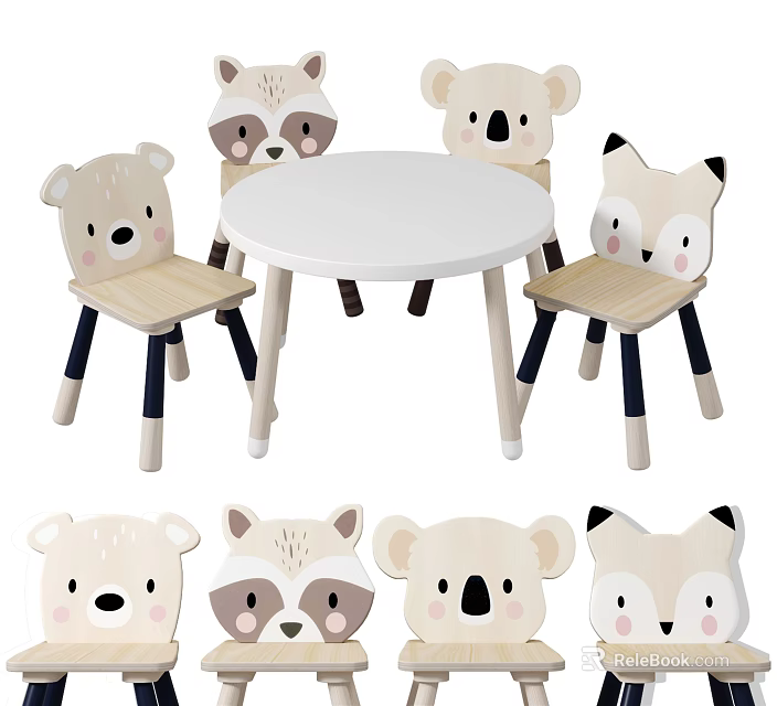 Cute Kids Table With Round White Top And Animal Head Wooden Chairs 3d model 