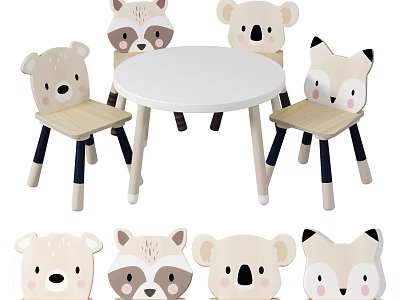 Cute Kids Table With Round White Top And Animal Head Wooden Chairs 3d model