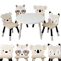 Cute Kids Table With Round White Top And Animal Head Wooden Chairs