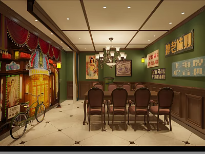 Retro Restaurant Dining Space With Vintage Decor Chinese Signs Round Table And Chairs 3d model