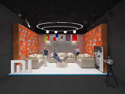 Modern Public Office Space With Orange Bookshelves National Flags Comfortable Sofas And People 3d model