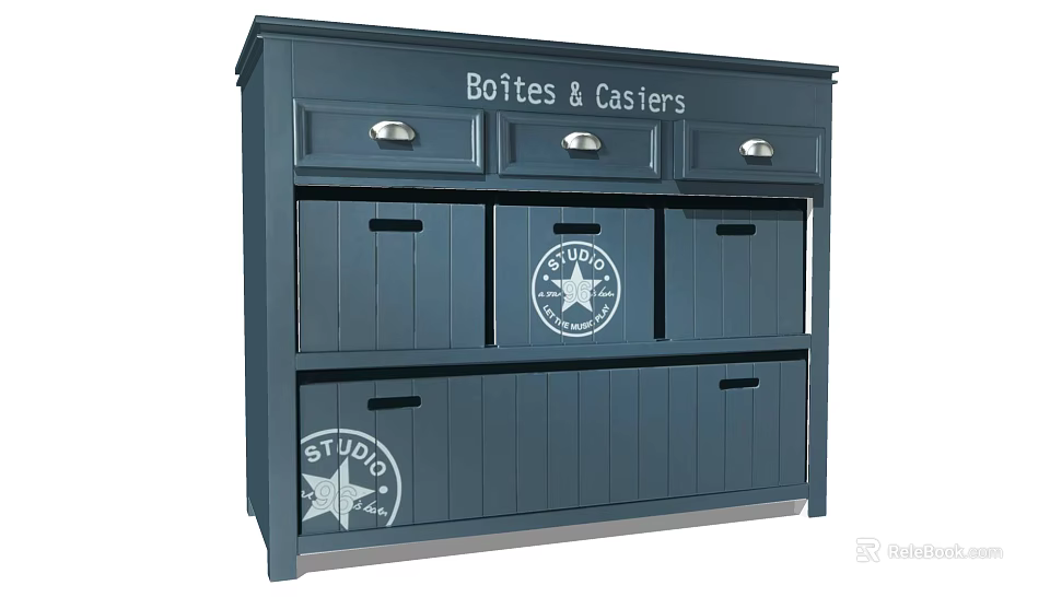 Navy Blue Storage Dresser with Multiple Drawers and Logo Text Details 3d model 
