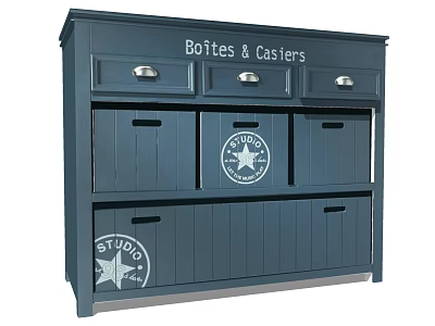 Navy Blue Storage Dresser with Multiple Drawers and Logo Text Details 3d model