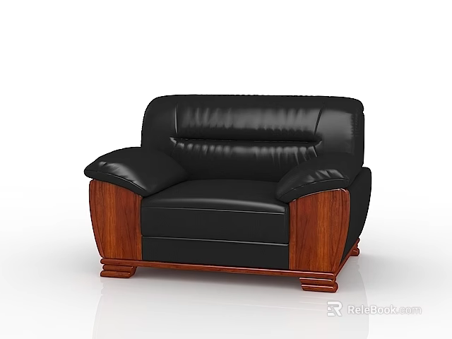 Elegant Black Leather Single Sofa With Brown Wooden Frame And Armrests 3d model