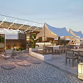 Outdoor Restaurant With White Tents String Lights Tables Chairs Green Plants Pebble Ground Evening