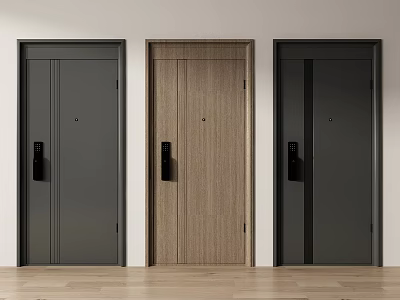 Security Doors Three Different Designs With Wood Grain Dark Finish And Black Locks 3d model