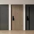 Security Doors Three Different Designs With Wood Grain Dark Finish And Black Locks