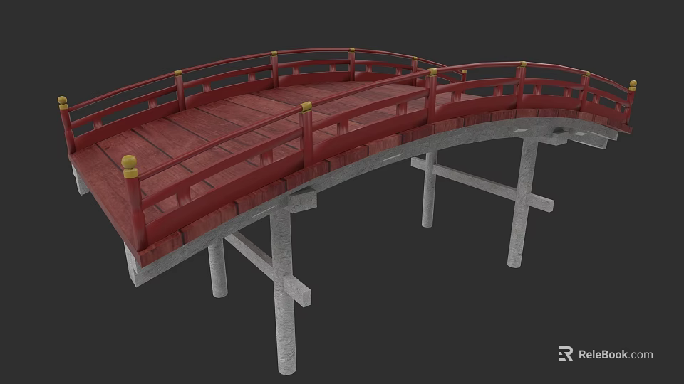 Red Wooden Arched Bridge with Curved Railings and White Stone Pillars 3d model 