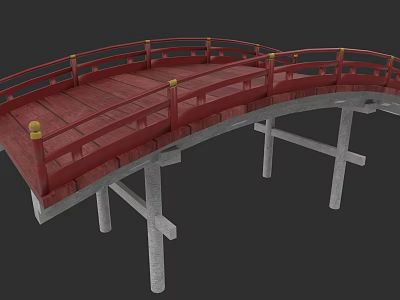 Red Wooden Arched Bridge with Curved Railings and White Stone Pillars 3d model