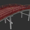 Red Wooden Arched Bridge with Curved Railings and White Stone Pillars
