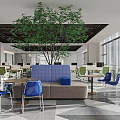 Modern Public Office Space With Green Chairs Computers Hanging Lights And Geometric Floor