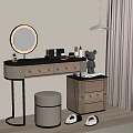 Elegant Modern Dressing Table With Round Mirror Gold Frame Beige Stool And Cosmetics 3d model