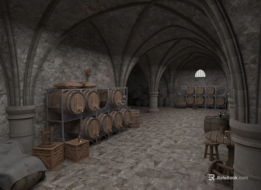 Medieval Stone Cellar Interior With Wooden Barrels Shelves Crates And Stools 3d model 