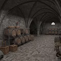 Medieval Stone Cellar Interior With Wooden Barrels Shelves Crates And Stools