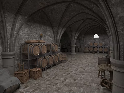 Medieval Stone Cellar Interior With Wooden Barrels Shelves Crates And Stools 3d model