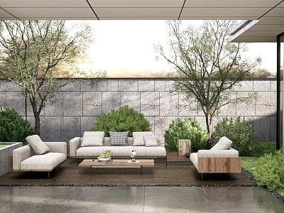 Outdoor Sofa Set in Modern Patio with Green Plants Stone Wall and Coffee Table 3d model