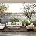 Outdoor Sofa Set in Modern Patio with Green Plants Stone Wall and Coffee Table