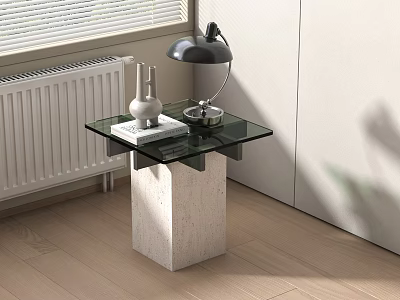 Modern Side Table With Glass Top Stone Base And Black Table Lamp For Living Room 3d model