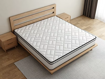 Single Bed with Wooden Headboard White Diamond Pattern Mattress and Bedside Table on Wooden Floor 3d model