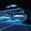Futuristic Interior Design With Blue Neon Lights Geometric Frames And Spherical Structure On Reflective Floor
