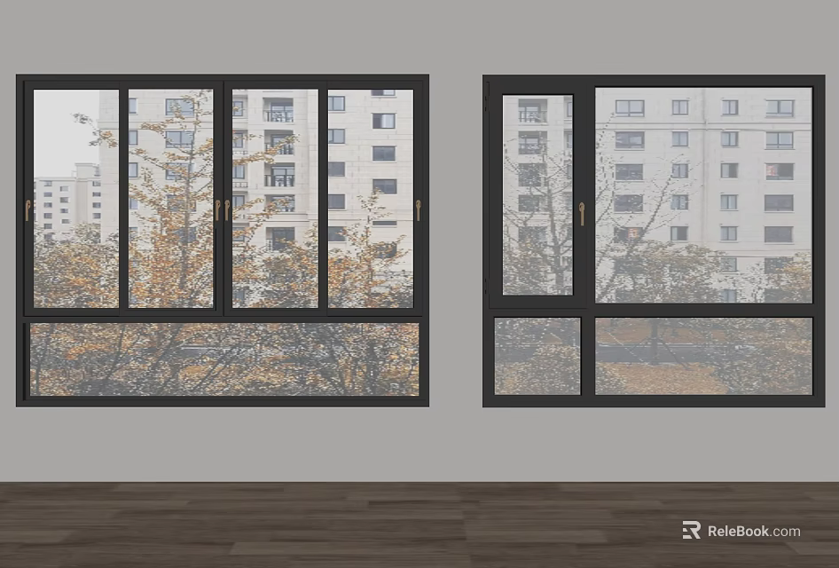 Modern Casement Windows With Black Frames Showing Buildings And Trees Outside 3d model
