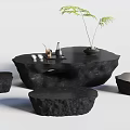 Natural Style Stone Tea Table and Chairs with Irregular Shape Tea Sets and Green Plant
