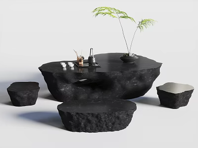 Natural Style Stone Tea Table and Chairs with Irregular Shape Tea Sets and Green Plant 3d model