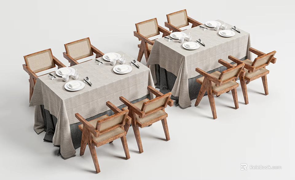 Stylish Modern Dining Table Set With Linen Tablecloth And Wooden Chairs And Tableware 3d model 