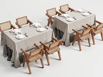 Stylish Modern Dining Table Set With Linen Tablecloth And Wooden Chairs And Tableware 3d model