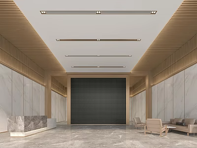 Elegant Modern Reception Area With Marble Walls Wooden Ceiling And Dark Accent Wall 3d model